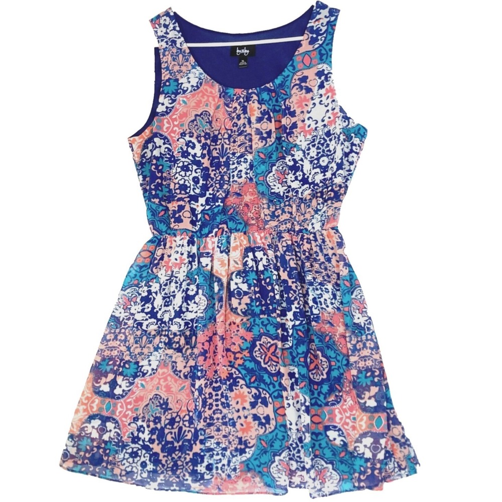VTG By & By Chiffon Patchwork Dress Women L M Mixed Print Blouson Sleeveless Y2k